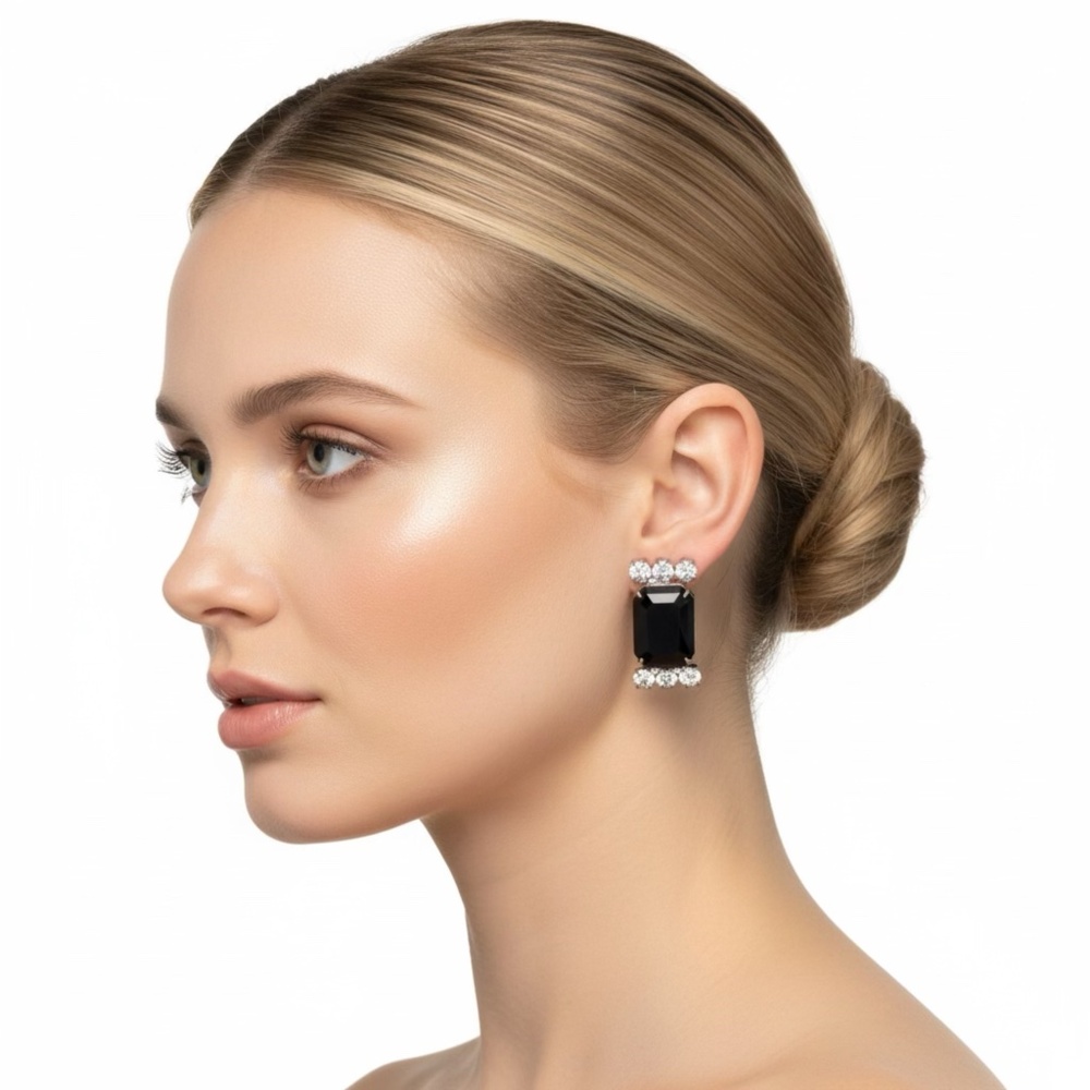 Vintage Black Rhinestone and Silver Tone Clip Earrings Statement